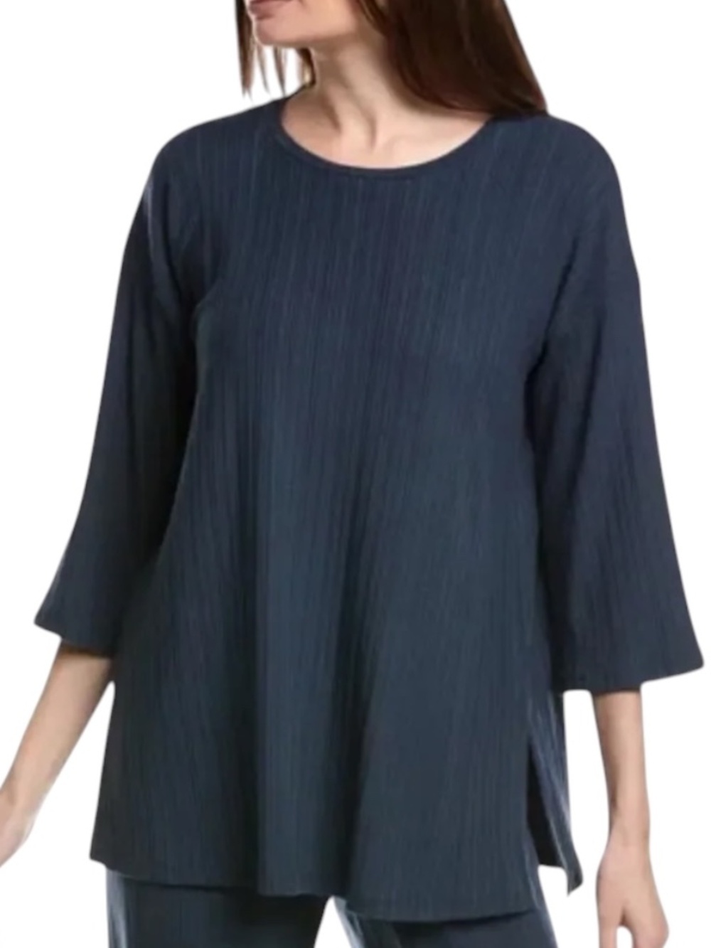 Eileen Fisher Ribbed Stretch Jersey Top Dark Blue Boxy Crew Neck XS